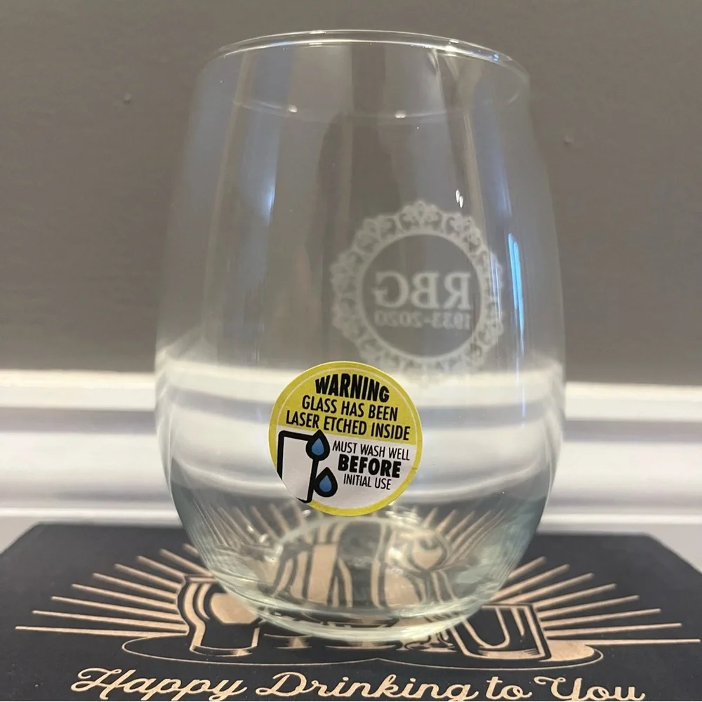 Ruth Bader Ginsburg 15oz stemless wine glass NIB new clear laser etched cup RBG